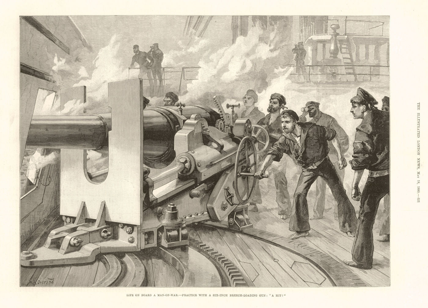 On board a man-of-war. Practice with a 6-inch breech-loading gun: